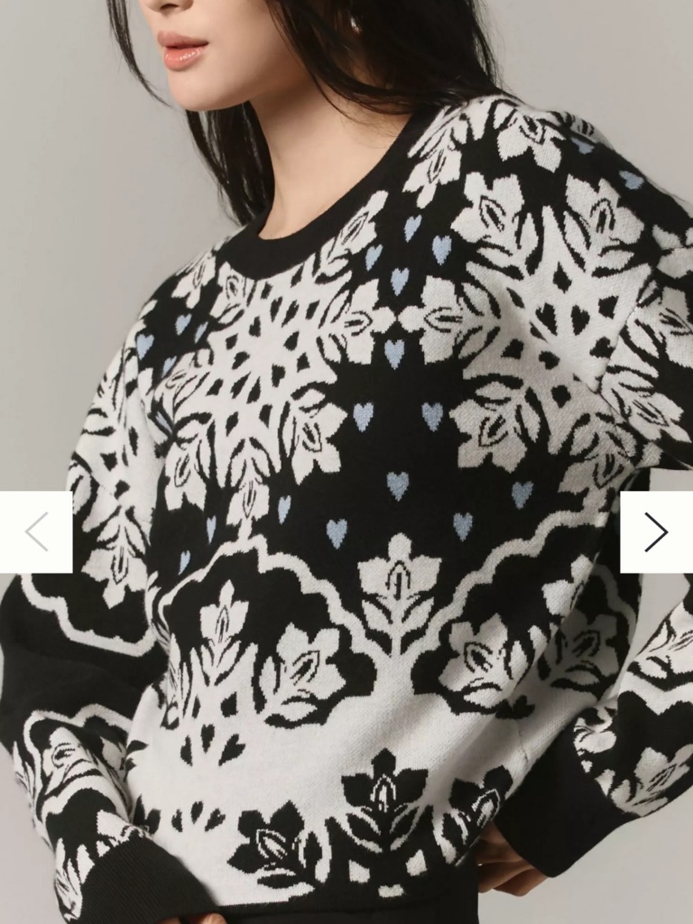 Maeve Black & White Floral Jacquard Crewneck Sweater with Blue Heart Accents